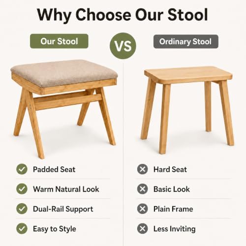 BAMBOOHOMIE Square Foot Stool Ottoman, Large Vanity Stool with Thickened Bamb...