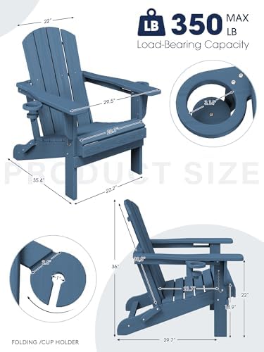 KINGYES Folding Adirondack Chair Set of 2 with 2 Cup Holders, Navy