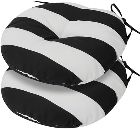 FUNHOME Outdoor Round Bistro Chair Cushions, 15x15x4Inch-Black White Stripe