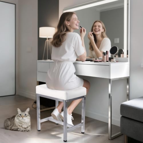 Saddle Seat Vanity Stool, Makeup Stool Chair with Metal Legs White&Silver