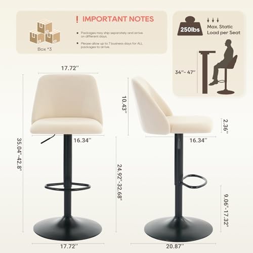 COLAMY Bar Stools Set of 3, Modern Swivel Bar Chairs, Adjustable Upholstered ...