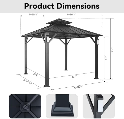 Modern Shade Hardtop Gazebo 10x10 with 4 LED Lights for Backyard, Black