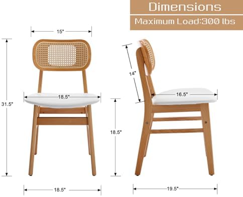 Shunzhi Rattan Dining Chairs Set of 2, Upholstered Farmhouse Dining Room Chai...