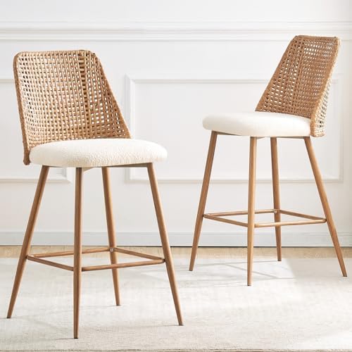 Rattan Counter Height Bar Stools Set of 2, 26" Boucle Fabric Upholstered...