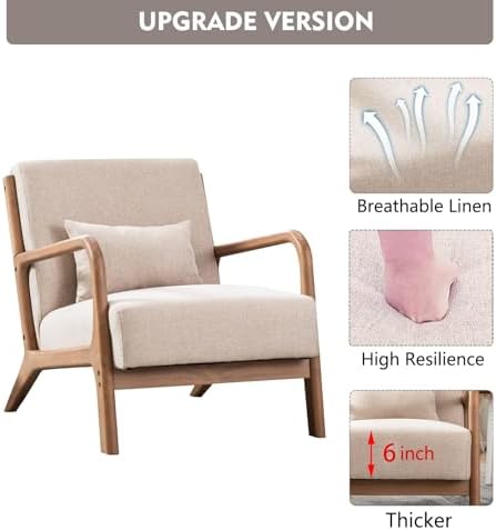 ANJ Mid Century Modern Accent Chair, Comfy Fabric Living Room Chairs with Sol...