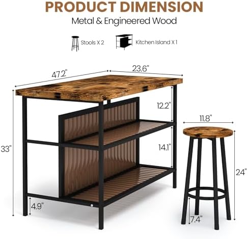 DKLGG Kitchen Island with Seating & Storage, Farmhouse Dining Table Set f...