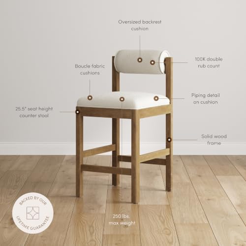 Nathan James Kimberly Modern Counter Stool with Solid Wood Legs, Boucle Uphol...
