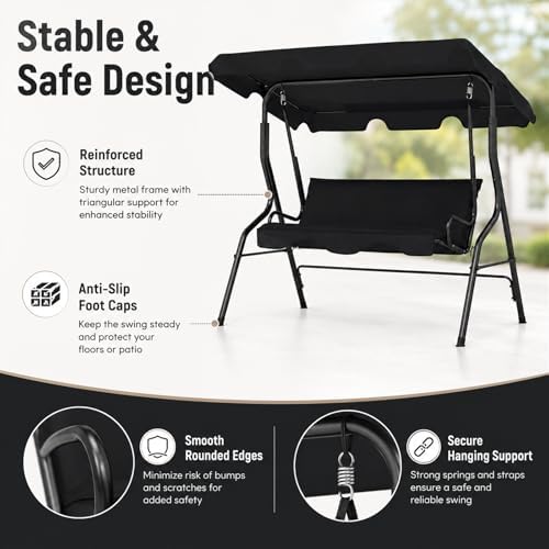 Garvee 3 Seat Outdoor Porch Swing with Adjustable Canopy, Patio Swing Chair w...
