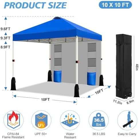 WEIZE 10x10 Pop Up Canopy Tent, 1-Button Push Setup Canopy Tent with 1 Sidewa...