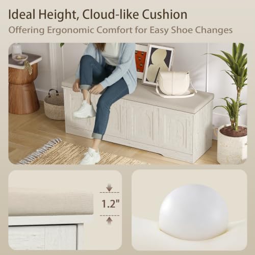 DINZI LVJ Shoe Storage Bench with Cushion, Door, Rustic White 47.2"LX17....