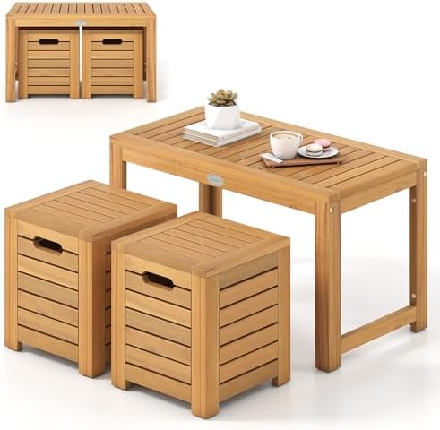 Tangkula Acacia Wood Outdoor Coffee Table with Stools Set of 2, 3 Pieces Pati...