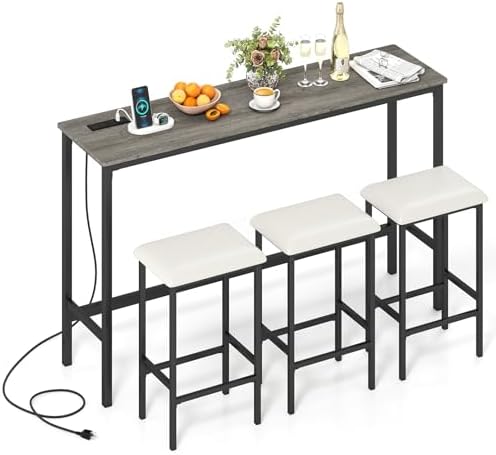 COSTWAY 4 Pieces Counter Height Bar Table Set with Power Outlet