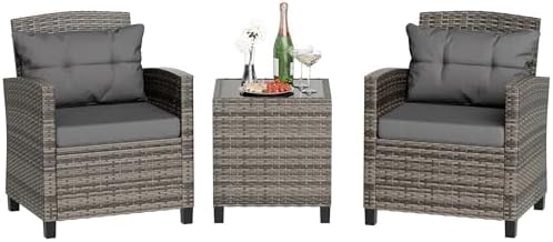 JAMFLY 3 Piece Wicker Patio Furniture Set - Outdoor Rattan Conversation Set w...