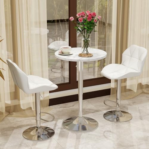 ARTETHYS Bar Table and Chairs Set Swivel Marble Style Table & White Stool
