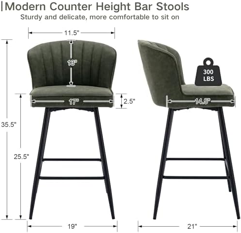 Shunzhi Green Counter Height Bar Stools Set of 2, Modern PU Leather Barstools...