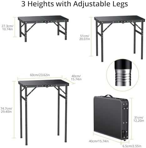 Anbte 2ft Folding Camping Table, 3 Adjustable Height Max 29.5", 23"...
