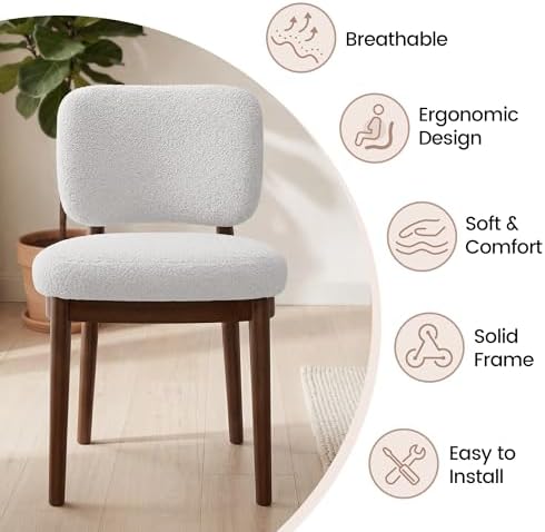 Wooden Dining Chairs Set of 6, Boucle Upholstered Kitchen Chairs with Solid W...
