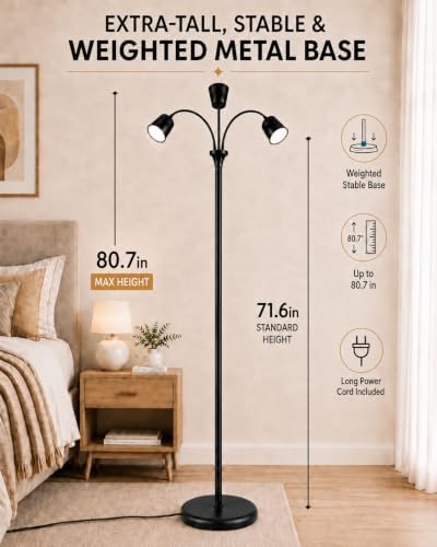 1700K Ultra-Warm 3-Head Floor Lamp, 80.7" Tall Standing Lamp with Steple...
