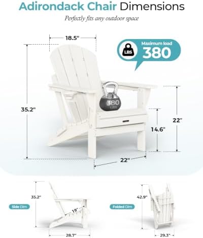 Ciokea Folding Adirondack Chair HDPE All-Weather Patio, White