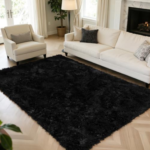 6x9 Black Fluffy Area Rug for Living Room,Large Shag Area Rugs for Bedroom