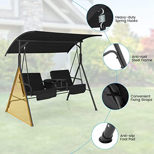 Tangkula 2 Person Porch Swing with Cooler Bag, Black