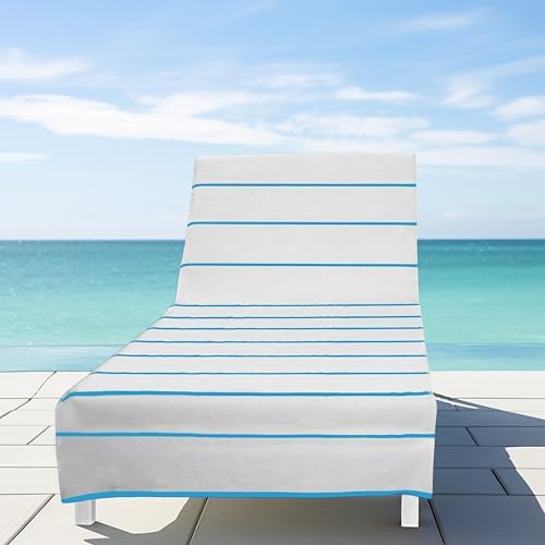 COTTON CRAFT Pool Lounge Chair Cover - 2 Pack Stripe Terry - White Aqua