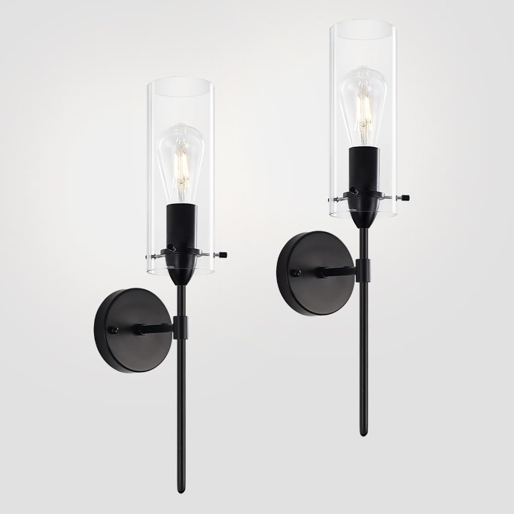 Modern Wall Sconces Set of Two, Black Wall Sconce with Clear Glass Shade, Har...