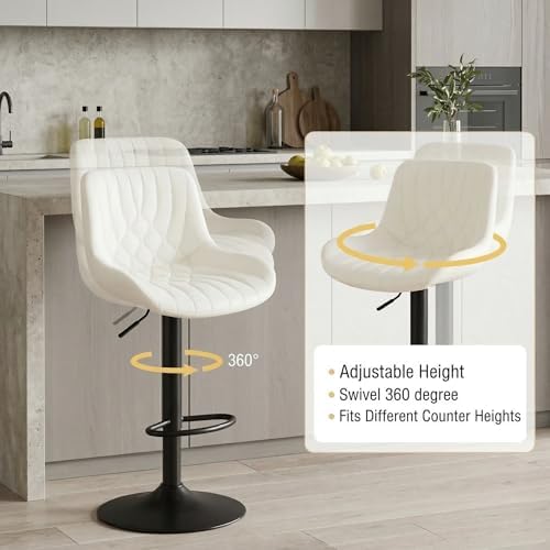 Bar Stools Set of 2, Swivel Adjustable Barstools with Backs, Beige