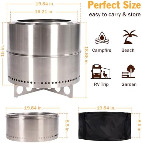 BRIOPAWS Large Smokeless-fire-pit Outdoor | 19 IN | 304 Stainless-Steel-Firep...