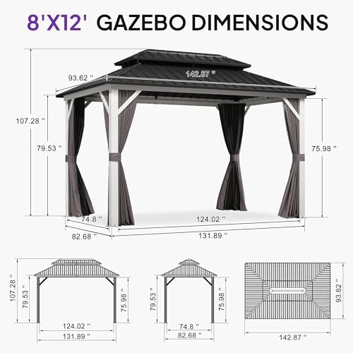 PURPLE LEAF Hardtop Gazebo 8' x 12' Galvanized Steel Roof White Frame
