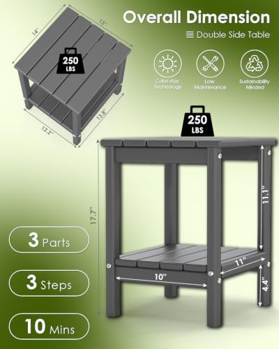 GREENVINES Outdoor Side Table, HDPE 2-Tier Adirondack Tables, Gray