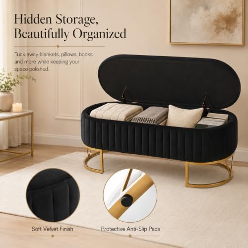 Velvet Storage Bench for Queen Size Bed, 46'' Black Oval Ottoman, Gol...