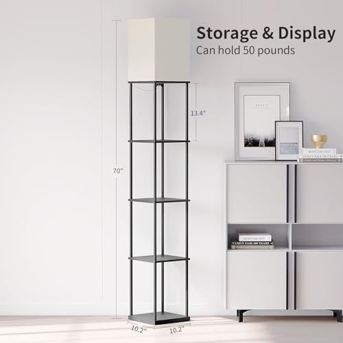 SUNMORY 5 Tier Floor Lamp with Shelves, Modern Square Standing Lamp with 3 Co...