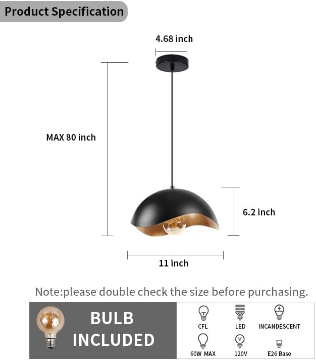Modern Wave Pendant Light, 11" Black and Gold Dome Shade, LED Ceiling Li...