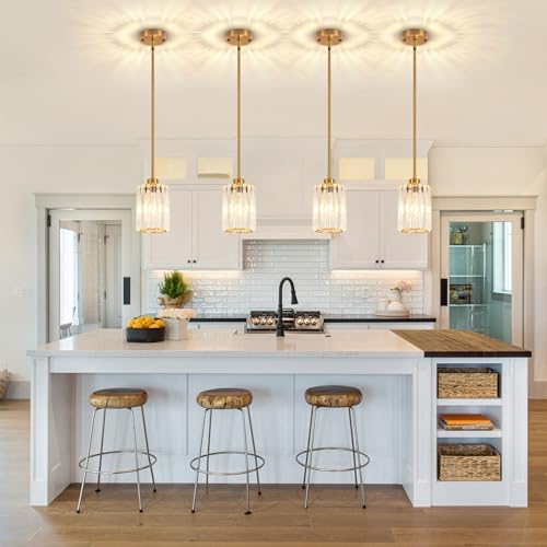 2 Pack Brushed Gold Pendant Light Fixtures Modern Crystal Kitchen Lighting