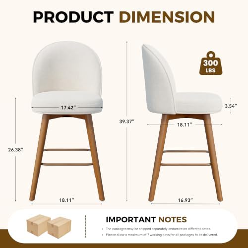 Modern Swivel Bar Stools Set of 2, Chic Upholstered Counter Height（26IN） Bar ...
