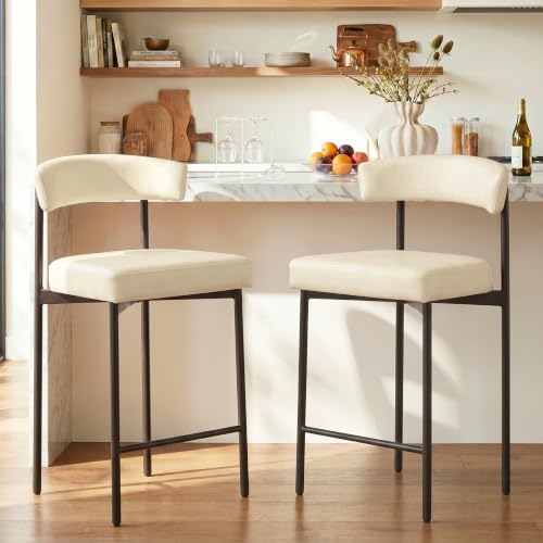 GrandNoor Beige Modern Bar Stools Set of 2, 24 Inch Faux Leather Counter Stoo...