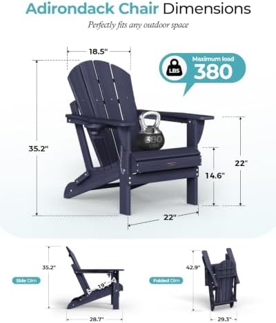 Ciokea Folding Adirondack Chairs Set of 2, Patio Adirondack Chair Weather Res...
