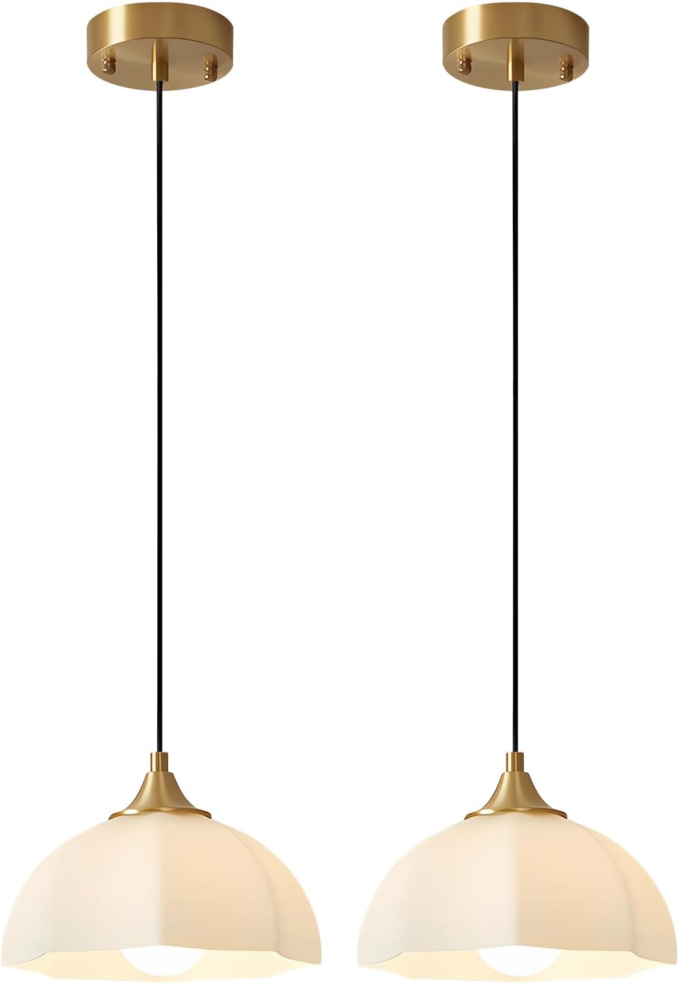 Milk Glass Pendant Light 2-Pack, Brushed Gold Dome, Mid Century