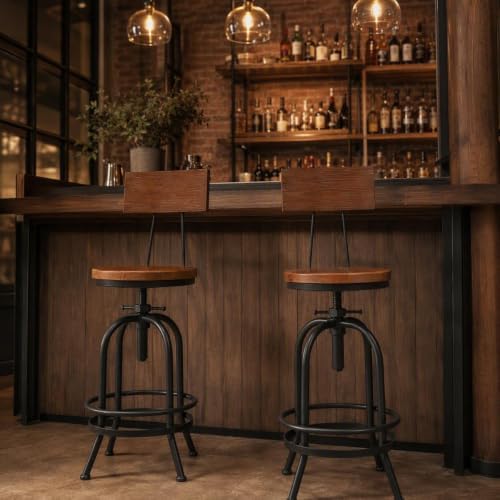 Set of 2-Industrial Bar Stools with Backrest-Swivel Wood Seat-Bar Counter Hei...
