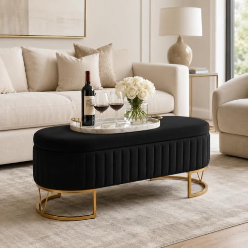 Velvet Storage Bench for Queen Size Bed, 46'' Black Oval Ottoman, Gol...