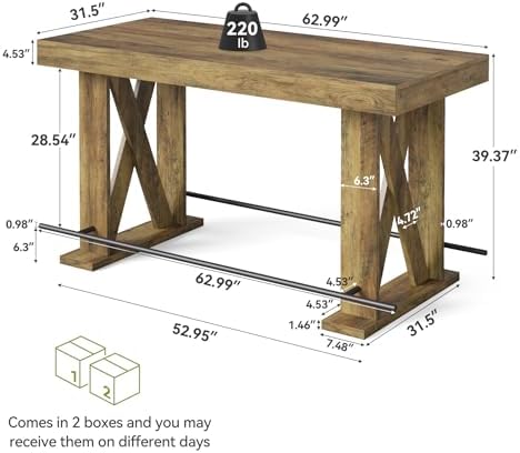 LITTLE TREE 63" Bar Table, Pub Table with Metal Footrest (Rustic Brown,1)