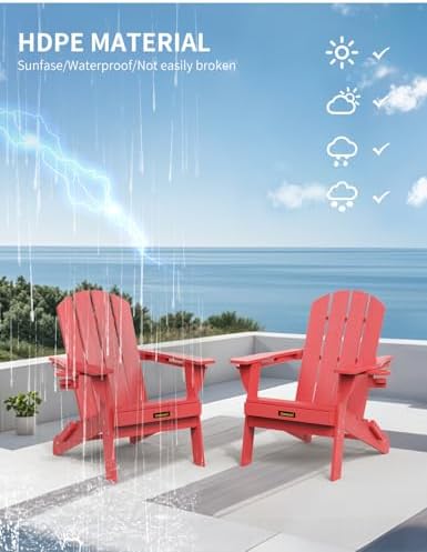 Folding Adirondack Chair, Wooden Textured Plastic Adirondack Chairs with 2 Cu...