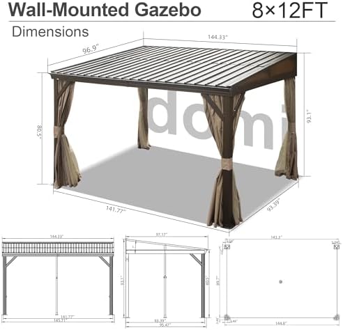 Domi 8x12FT Lean to Gazebo, Hardtop Wall Mounted Gazebo with Sloping Galvaniz...