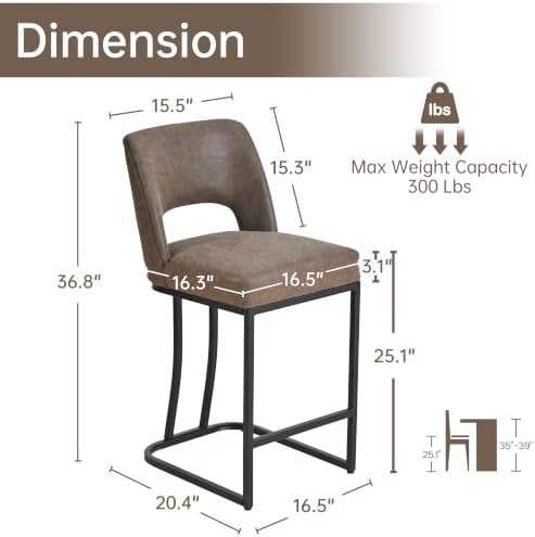 Usaint 25" Counter Height Faux Leather Bar Stools Set of 2, Dark Brown