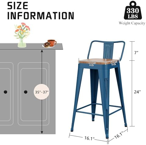 24" Barstools Set of 4 Counter Height Bar Stools Side Chair-Distressed Navy