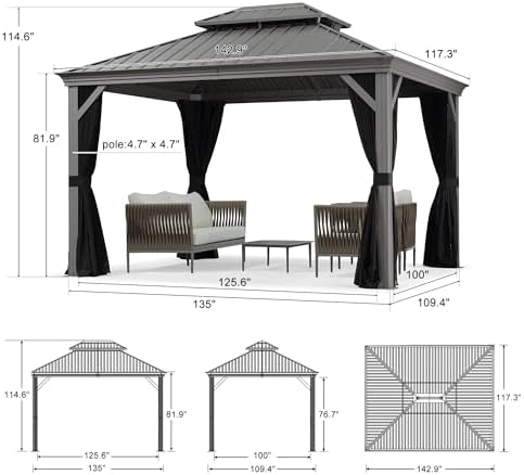 PURPLE LEAF Outdoor Gazebo 10' x 12' Hardtop Gazebo w/Drainage System