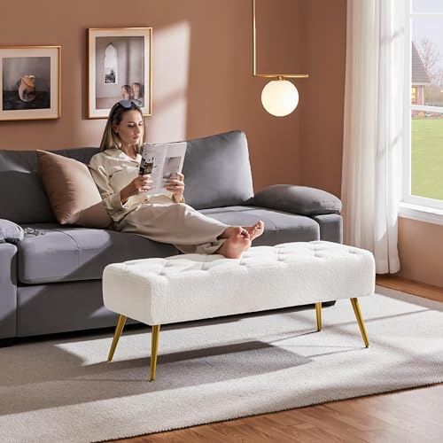 Yaheetech 45in Upholstered Boucle Ottoman Bench Seat with Gold Legs, Ivory
