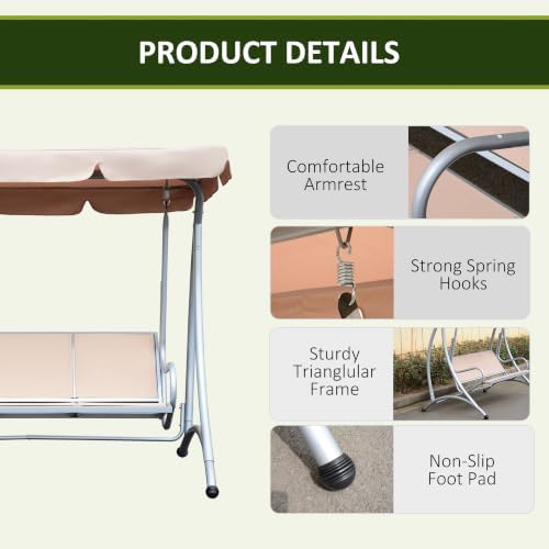 Outsunny 3-Seat Outdoor Porch Swing Chair Patio Swing Glider Beige