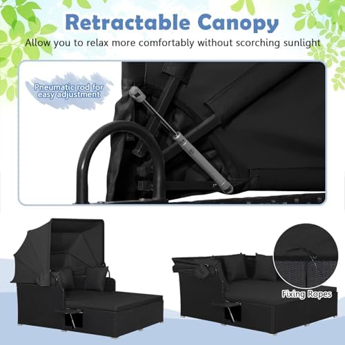 Tangkula Patio Rattan Daybed with Retractable Canopy, Outdoor Wicker Sunbed L...